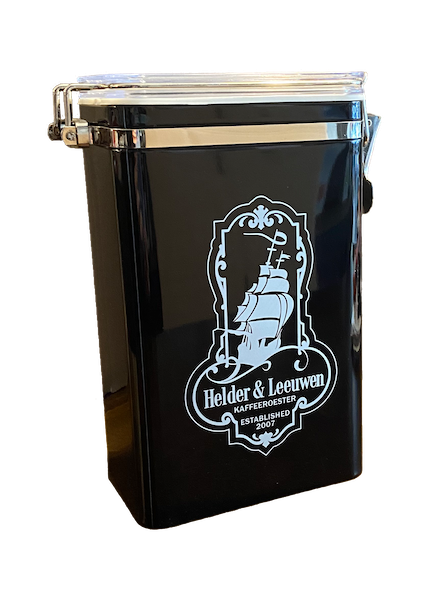 Luftdicht verschließbare Dose für Kaffeebohnen und Espressobohnen. Schwarz mit Logo Helder & Leeuwen